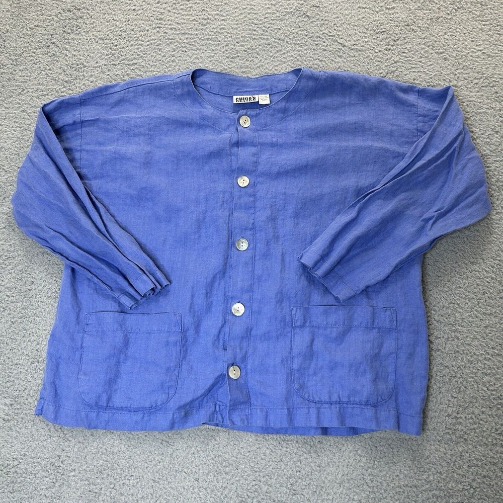 Chicos Design Shirt Women 1 Medium Periwinkle Linen Collarless Coastal Lagenlook